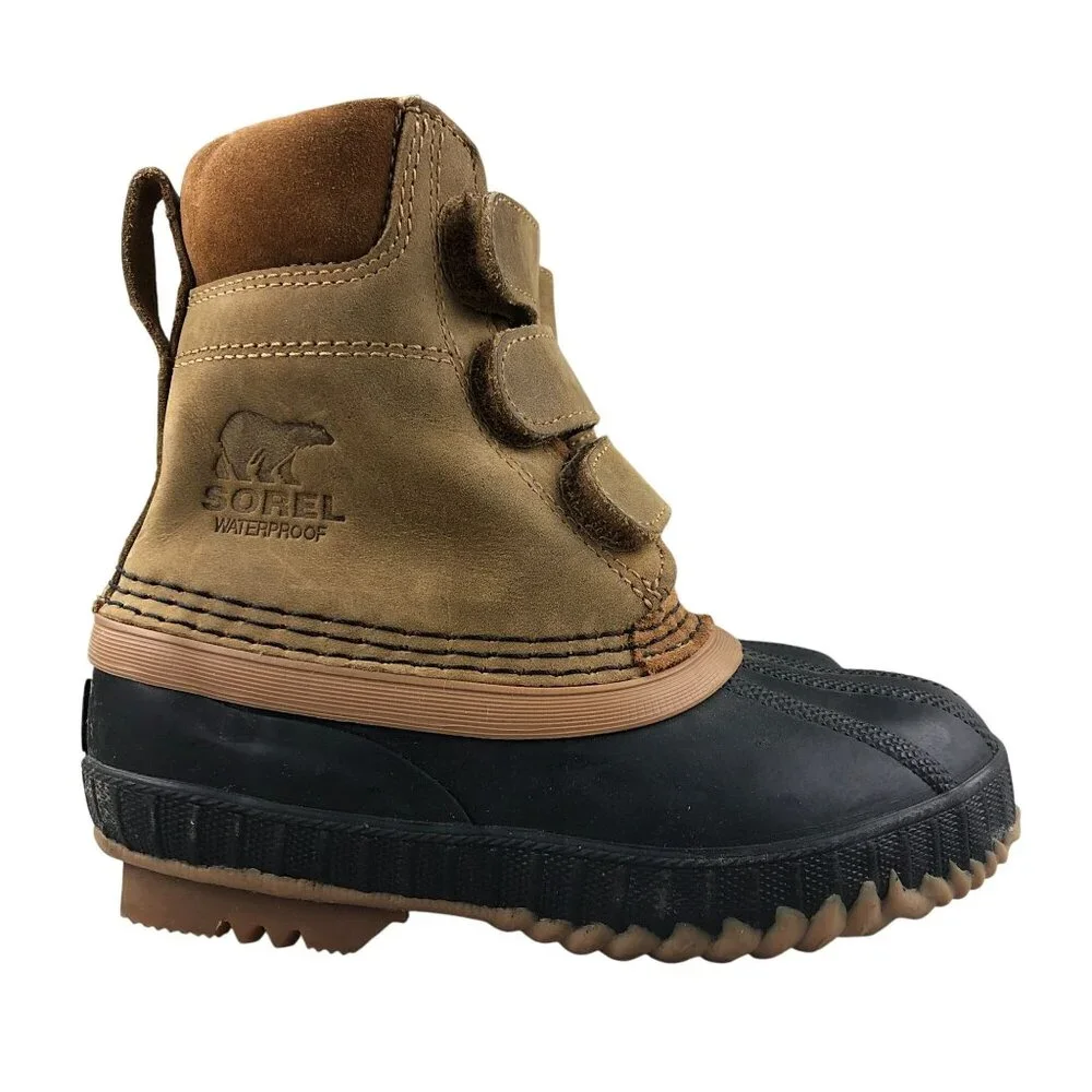 Sorel Kids Size 10 Cheyanne Brown Leather Waterproof Strap Duck Winter Boots